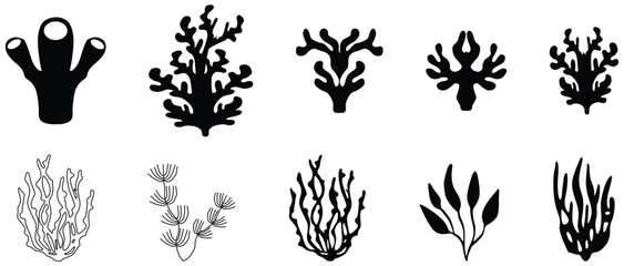 Vector set of corals and seaweeds silhouettes. Underwater coral reef and sea kelp in hand drawn doodle style. Marine aquarium plants illustration. - obrazy, fototapety, plakaty