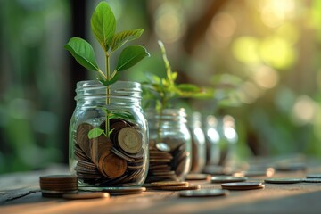 Coins and plants growing in jars, Conquering Financial Struggles and Debt. Generative AI.