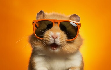 Hamster with orange sunglasses on orange background