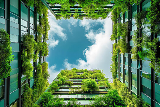 Green modern urban backdrops with sustainable buildings and infrastructure, environment concept