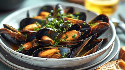 Fototapeta premium A serving of freshly cooked mussels, Their shells open to reveal. Generative AI.