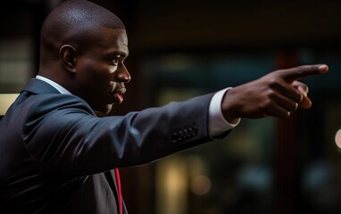 Pointing finger of black man in suit pointing to somewhat, side view
