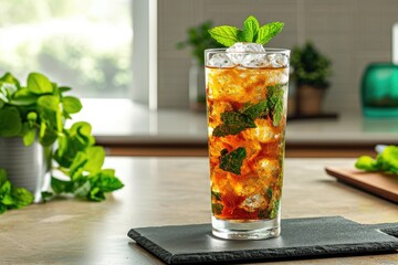 Mint julep on table with tall glass - obrazy, fototapety, plakaty