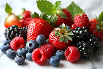 Fruits and berries isolated on white background. Ripe red currants, raspberries, blueberries, strawberries, gooseberries , blackberries with a mint leaf.