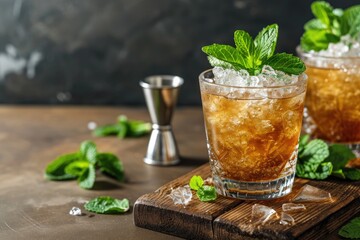 Alcoholic mint julep cocktail on a wooden board in a pub or restaurant - obrazy, fototapety, plakaty