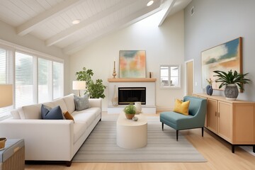 Fototapeta na wymiar saltbox living room with vaulted ceilings and recessed lighting