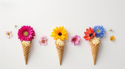 Ice cream cone with colorful flowers on white background. Flat lay. Minimal summer concept.