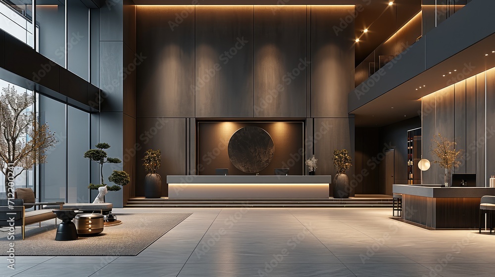 Poster the largest sales reception hall with a zen minimalist style, dark gray and beige. generative ai.