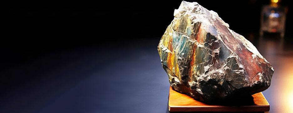 Argentite is a rare precious natural stone on a black background. AI generated. Header banner mockup with space.