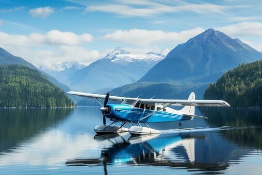 A serene landscape of mountains and a seaplane landing gracefully on calm, blue waters. Generative AI
