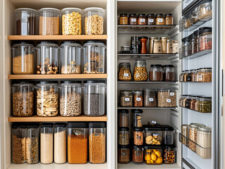 Assorted dry foods in transparent containers on wooden pantry shelves. Home organization and...