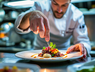 Chef carefully adding finishing touches to a plated dish in a restaurant kitchen. Culinary art and attention to detail concept for design and print