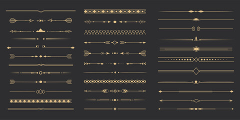 Text devider set, gold line minimal separators, elegant doodlle borders, decorative elements isolated on dark background. © Alyona