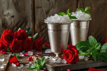 Two silver cups with crushed ice fresh mint red roses in a rustic setting - obrazy, fototapety, plakaty