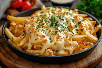 Delicious fries oozing cheese sauce with herbs on a wooden board - obrazy, fototapety, plakaty