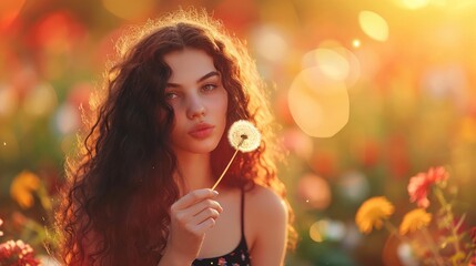 Young model look caucasian female with long dark curly hair wearing a black summer dress is blowing the dandelion at the camera while sitting on a blurred flowers background. Flare light.