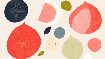 Naive fruits abstract art background in bright colors. Lively shapes and simple designs. Bright vibrant colors. 
