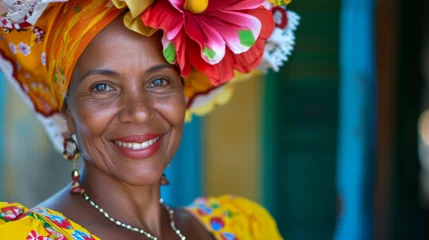 Tuinposter Cuban woman in traditional costume. © Vika art