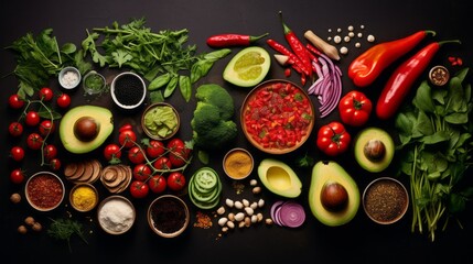 Top view of a composition of various ingredients for cooking vegetarian dishes and salads. Fresh vegetables, Fruits, legumes, Nuts, Cereals on a black background.
