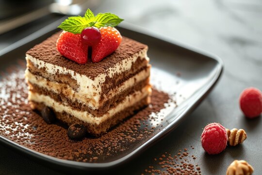 Square image with selective focus of tiramisu a traditional Italian dessert on a black plate