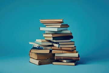 pile of books on a blue background