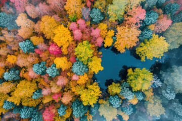 Fototapeta na wymiar Aerial photography capturing vibrant colors in natural landscapes. Multicolor trees from above.