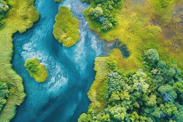 Aerial photography capturing vibrant colors in natural landscapes. Colorful river and terrains from above.