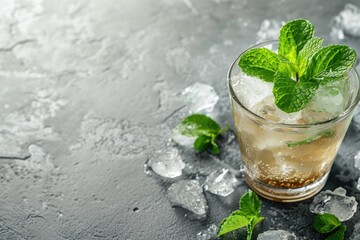 Refreshing mint julep cocktail chilled summer drink with space on grey stone - obrazy, fototapety, plakaty