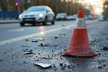 Crash occurs when a road is struck by a traffic cone