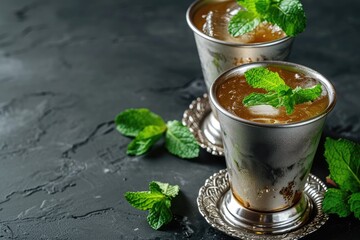 Fresh whisky cocktail served in a silver cup known as Mint Julep - obrazy, fototapety, plakaty