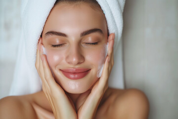 model without makeup washes her face with foam. Face Skin Care. Funny Woman Cleaning Facial Skin with Foam Soap. Portrait of young woman enjoying washing face. Freshed face beauty