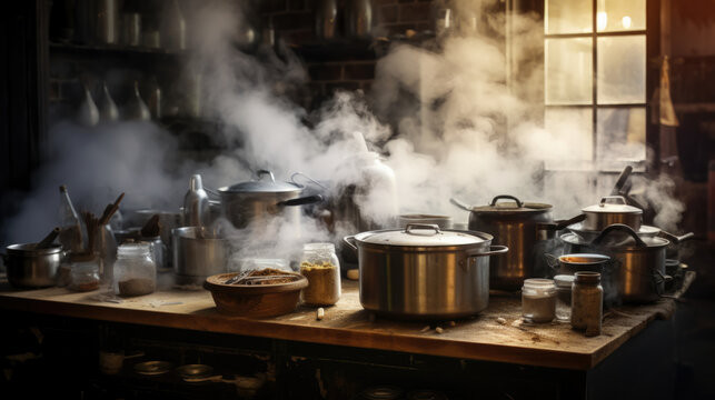 Boiling water with steam in a pot on an electric stove in the kitchen.