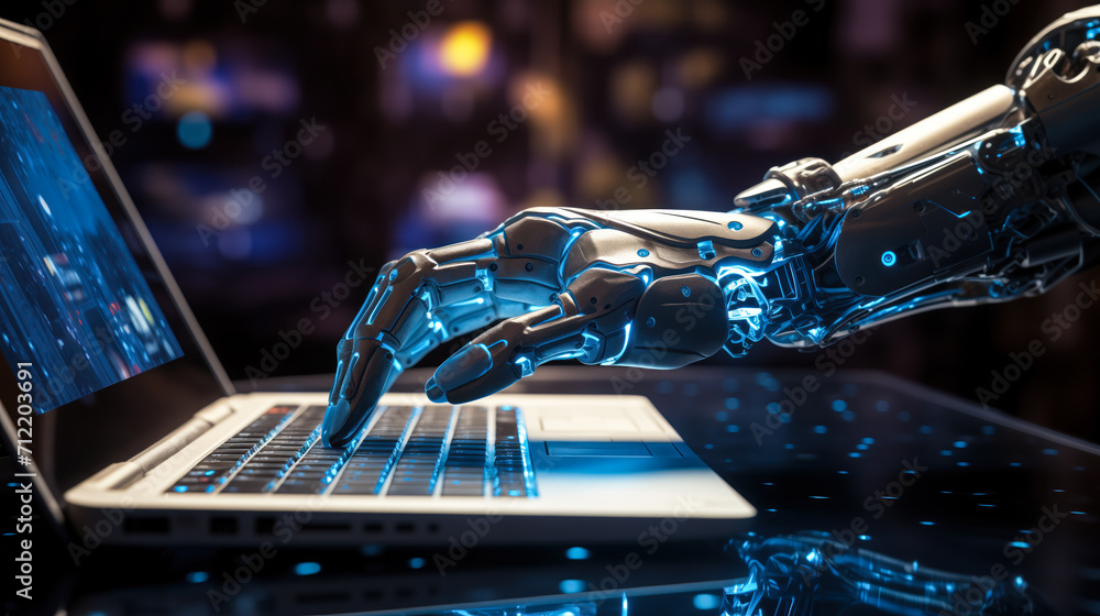 Poster cybernetic robotic hand interacting with a laptop keyboard, depicting advanced ai technology and aut