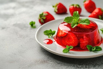 Fruity dessert consisting of strawberry jelly fresh strawberries and mint leaves on a white plate