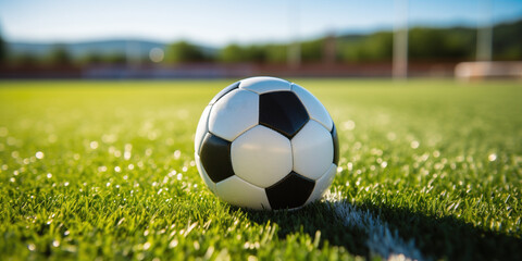 Fototapeta premium Classic black and white soccer ball on a lush green field basking in the sunlight, ready for the game