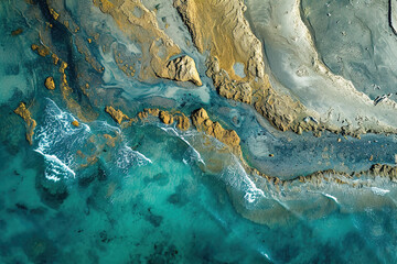 Aerial photography capturing vibrant colors in natural landscapes. Colorful sea coast from above.