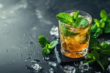 Refreshing bourbon cocktail on a table with mint - obrazy, fototapety, plakaty