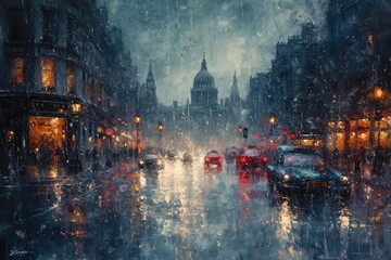  Rainy City Street Oil Painting - obrazy, fototapety, plakaty
