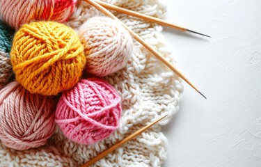 Assortment of yarn and needles on white backdrop