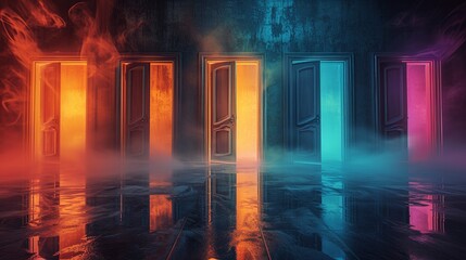 several doors representing the concept of decision - obrazy, fototapety, plakaty