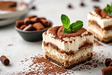 Assortment of delicious tiramisu on a bright surface