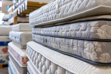 Various mattresses on display in a store seen up close - obrazy, fototapety, plakaty