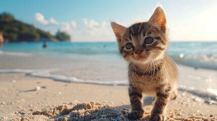Obraz premium Cute kittens on the beach. Generative AI illustration