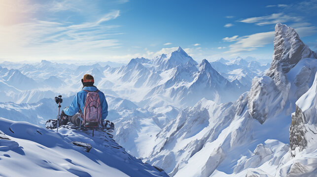 A hiker gazing at vast snow-covered mountains