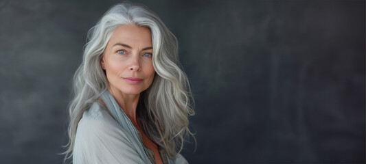 Close-up portrait of half face of cheerful middle-aged Asian 50s woman with silver gray long hair, attractive lady looks at camera and laughing. Mature model with naked shoulders isolated on brown - Powered by Adobe