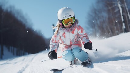 Fototapeta na wymiar Child skiing in mountains. Active toddler kid with safety helmet, goggles and poles. ai generated
