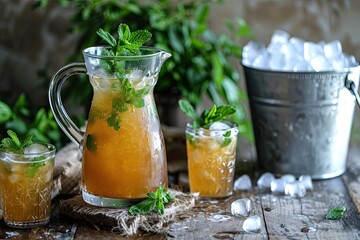Mint julep served in pitcher canning jar with ice bucket in background - obrazy, fototapety, plakaty