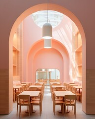Pastel minimalist style, peach or pink color in cafe interior