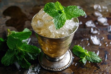 Bourbon and mint combined in a refreshing cocktail called a mint julep - obrazy, fototapety, plakaty