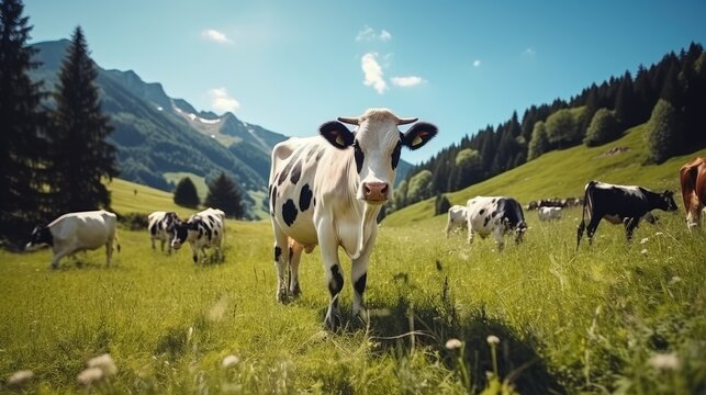 A herd of well-groomed, beautiful, healthy cows graze on a green meadow in the mountains. Modern farm life. Ecologically clean products. Dairy industry. High quality photo